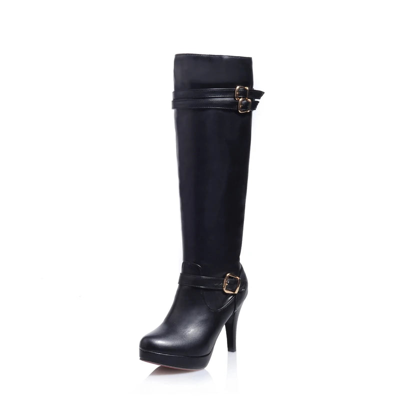 2024 Plus Size Double Row Metal Buckle Ultra-High Tapered Pointed Heel For Women's Knee Boots Zipper Ankle Buckle Knight Boots