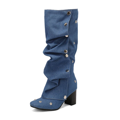 Plus Size Denim Fashionable Rivet Thick Heel Side Zipper Knee High Boots With Round Metal Buckle British Punk Style Women's Shoe