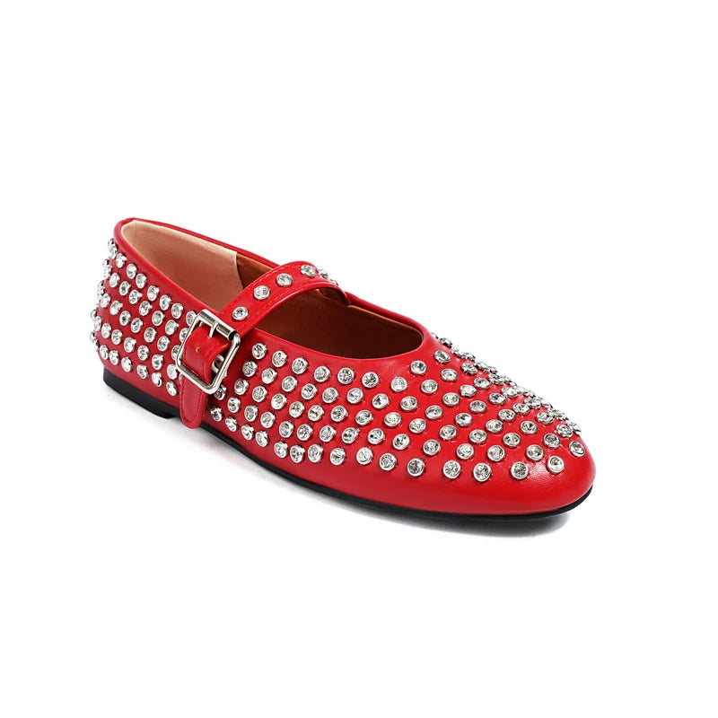 Luxury Punk Gothic Round Toe Women Flats Spring Summer Shoes With Studded Rhinestone Rivets Black Blue Red Mary Janes Ballet