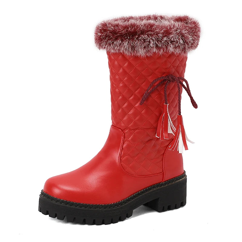 Tassel Lace Up Decal Checkerboard PU Splicing Fur Slip On Women's Mid Calf Boots Thick Sole Thick Heel Height Snow Boots