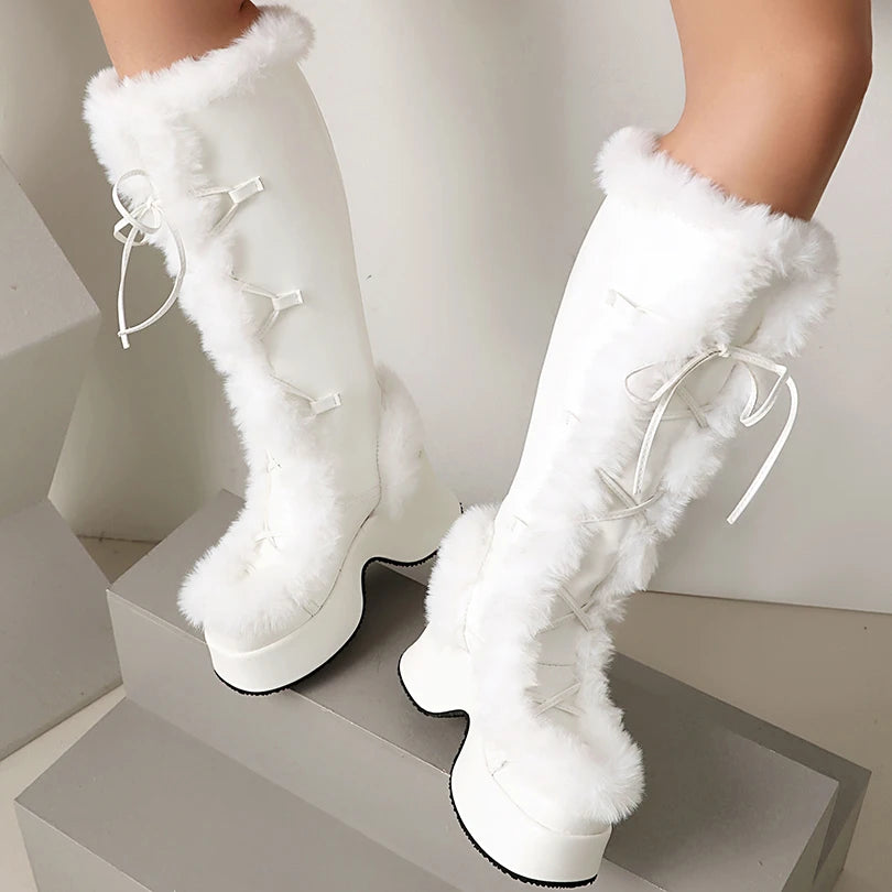 High Platform Fur Splicing Microfiber Cross Tie Thick Plush Lining Warmth Snow Boots Back Zipper Height Increasing Knee Boots