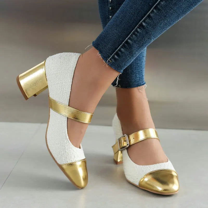 Plus Size 34-48 Gold White Mix Color Patchwork Buckle Belt Luxury Women Pumps Square Chunky High Heeled Shoes Heels Mary Janes