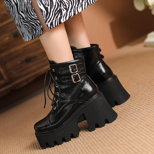 Double Row Metal Belt Buckle Square Toe High Platform Tie Up Short Boots Super High Sponge Cake Thick Heel And High Rise Shoes