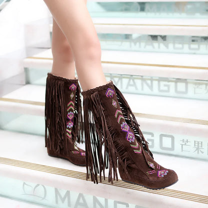 Plus Size Tassel Flock Embroidery Pattern Ethnic Style Women's Mid-Calf Boots Flat Bottom And Raised Plush Inner Lining Boots