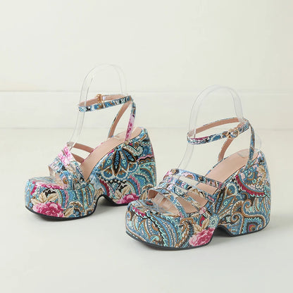 Paisley Flower Print Bohemian Ethnic Women Summer Shoes Designer Open Toe Platform Wedges High Heels Casual Sandals For Woman