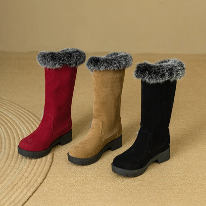 Matte Velvet Patchwork Fur Thick Plush Lining For Winter Boots Thick Sole Round Heel Double Row Metal Belt Buckle Mid-Calf Boots