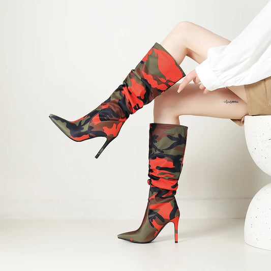 Camouflage Pointed Ultra-High Slim Heels For Women's Fashion Boots Mixed Colors For Women's Knee Length Boots