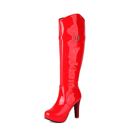 Ultra High Hollow Thick Heel Round Toe Platform Zipper Sexy Performance Long Boots Square Metal Buckle Breathable Knee High Boot