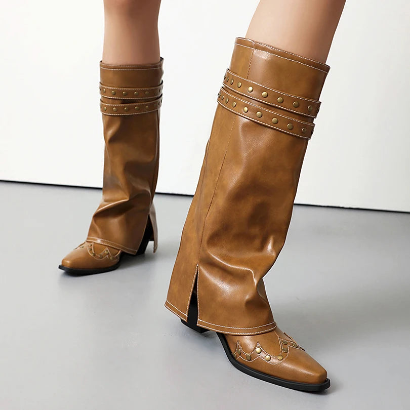 Plus Size Double Row Metal Belt Buckle Rivet Punk Style Street Trend Mid-Calf Boots Breathable Lining Fashion Women's Shoes