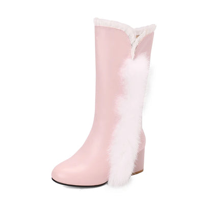 Fur Spliced PU Round Toe Thick Heel Side Zipper Lace Boot Mouth Girl's Mid-Calf Boots Cute Sweet Plush Lining Winter Boots