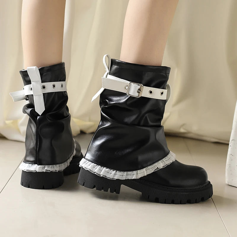 Denim Fabric Upper With Lace Edges Calf Metal Belt Buckle Thick Sole Sponge Heel Short Boots Soft PU Platform Increasing Boots