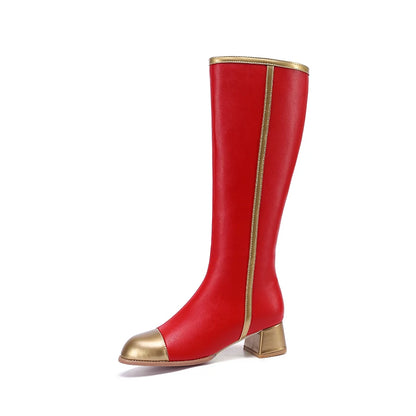 2024 Plus Size Gold Toe Cap National Style Color Blocking Knee High Boots Round Toe Thick Heel Zipper Plush Lining Women's Boots