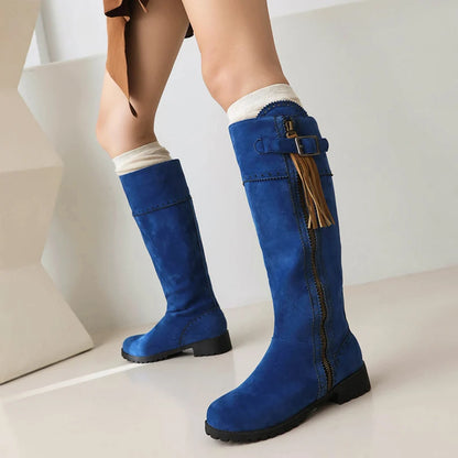 Matte Suede Belt Buckle Side Zipper Tassel Vintage Knight Boots With Thick Heel Breathable Mesh Lining For Women's Knee Boots