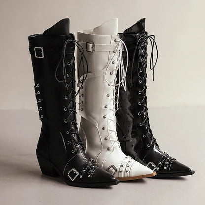 Crossed Lace Up Side Buckle Patent Leather Pointed Conical Thick Heel Punk Motorcycle Boots Chain Side Zipper Rivet Knee Boots