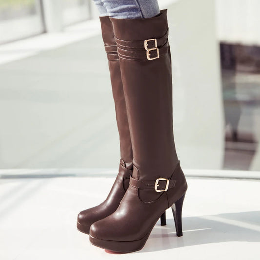 2024 Plus Size Double Row Metal Buckle Ultra-High Tapered Pointed Heel For Women's Knee Boots Zipper Ankle Buckle Knight Boots