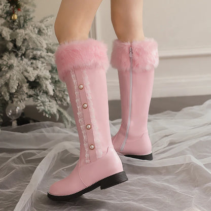 Fur Splicing PU Winter Warm Knee Boots For Students With Pearl Rivets Lace Edges Side Zippers Lolita Style Long Boots 2024 New