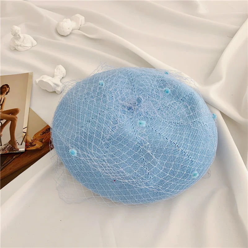 Beret hat women pearl net yarn painter hat