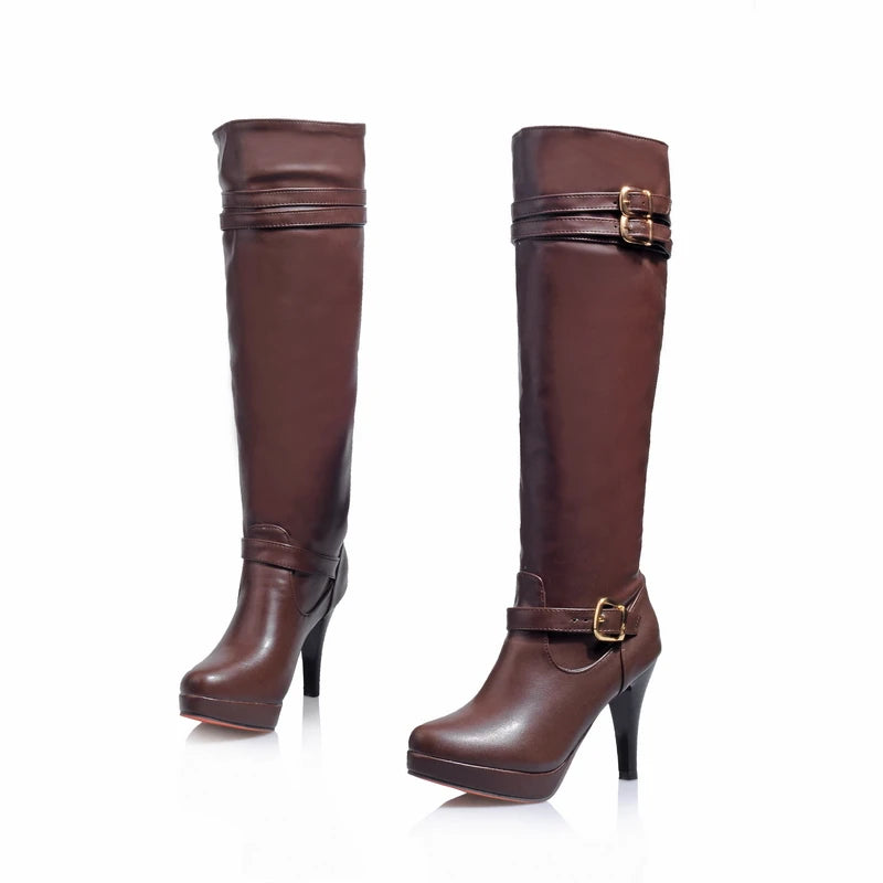 2024 Plus Size Double Row Metal Buckle Ultra-High Tapered Pointed Heel For Women's Knee Boots Zipper Ankle Buckle Knight Boots