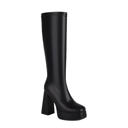 Side Zipper Square Toe Waterproof Platform Ultra-High Thick Heel Women's Knee Length Boots With Plush Lining Elastic Boots 2024