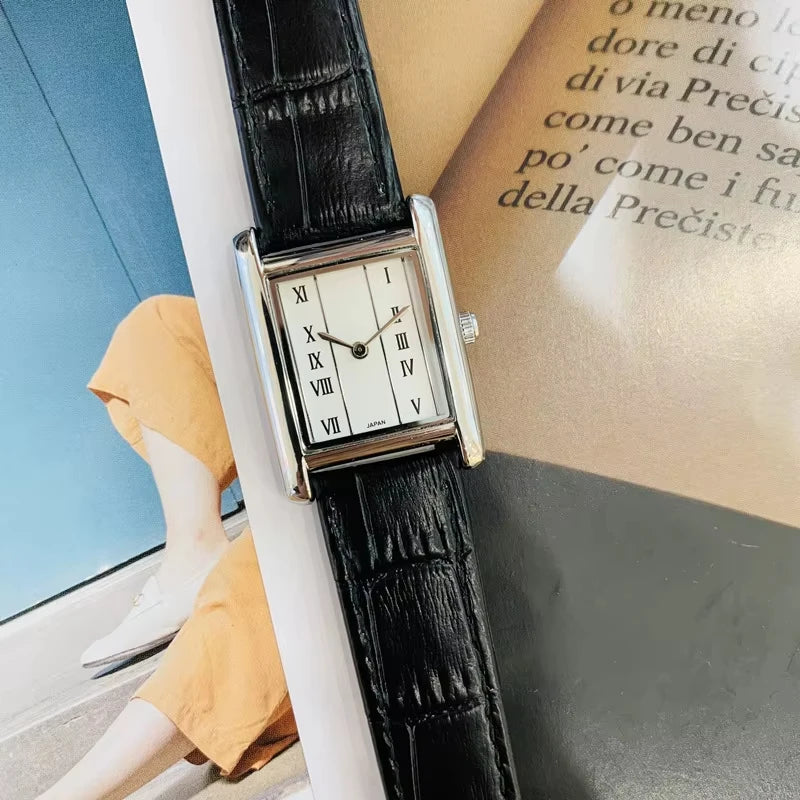 Retro Niche Design Square Rectangular Gold Dial Quartz Women's Watch Casual Black Leather Waterproof Fashion Watch Relogio