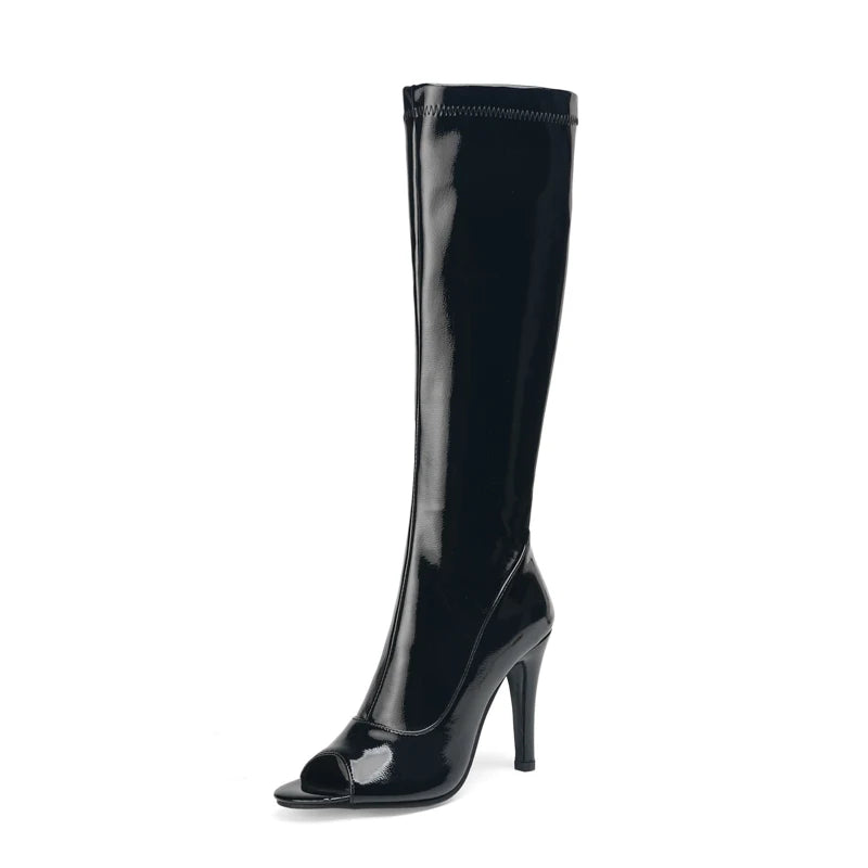 Plus Size Glossy Patent Leather Material Spring Breathable Peep Toe Knee High Boots Zipper Ultra-High Slim Heel Sexy Long Boots