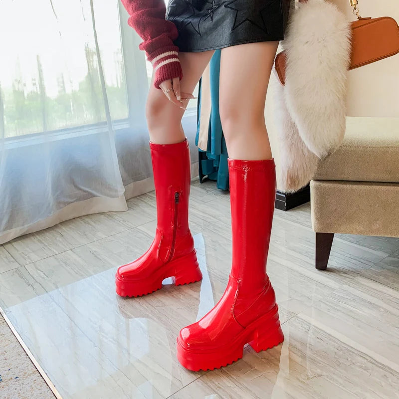 Bright Patent Leather Material Square Toe Super High Thick Bottom Zipper Women's Knee High Waterproof Platform Warm Boots