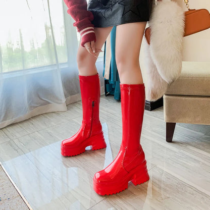 Bright Patent Leather Material Square Toe Super High Thick Bottom Zipper Women's Knee High Waterproof Platform Warm Boots