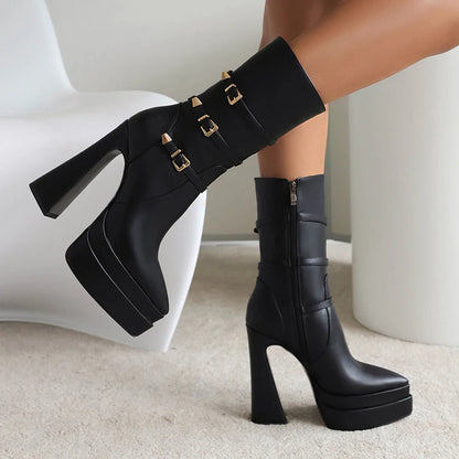 Three-Row Metal Belt Buckle Ultra-High Profiled Hollow Heel Catwalk Women's Boots Pointed Toe Three-Layer Platform Mid-Boots