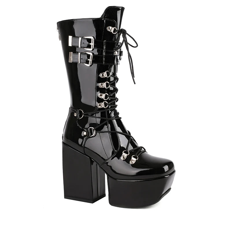 Plus Size Square Toe Ultra High Platform Metal Punk Mid Tube Boots With Cross Tie Back Zipper Plush Lining For Women's Boots