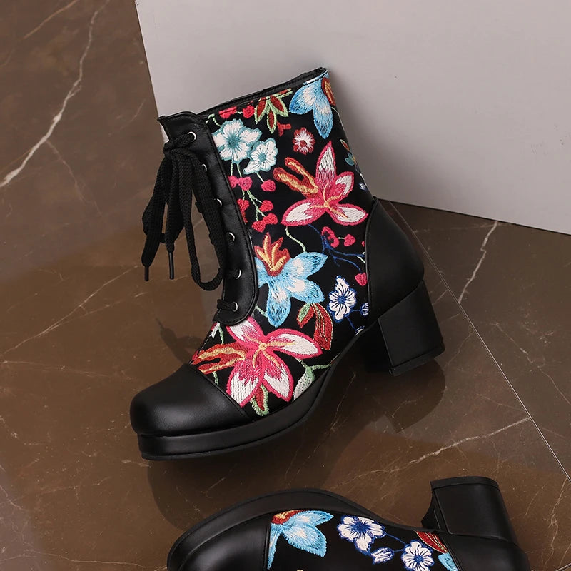 Embroidered Flower Lace Up Women's Short Boots With Round Toe Waterproof Platform Print, Simple Casual Boots With Medium Heels