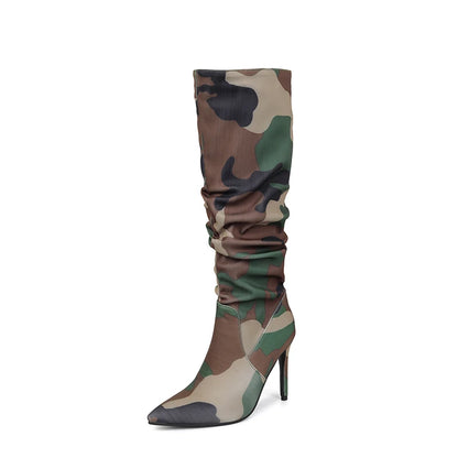 Camouflage Pointed Ultra-High Slim Heels For Women's Fashion Boots Mixed Colors For Women's Knee Length Boots