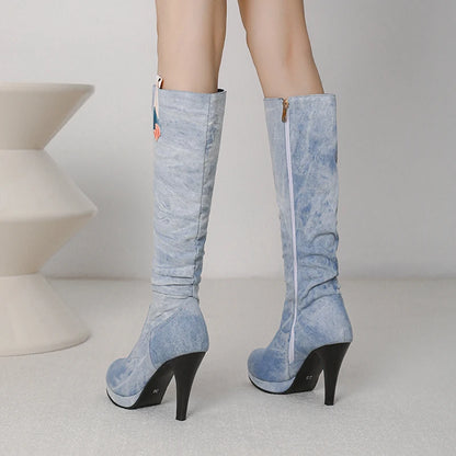 Ultra High Tapered Fine Heel Printed Denim Material Side Zipper Knee Boots Platform Microfiber Lining Autumn New Women's Boots