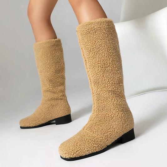 Artificial Lamb Wool Camel Concise Style Slip-On Knee High Boots With Square Toe Thick Heel Plush Lining And Warm High Boots