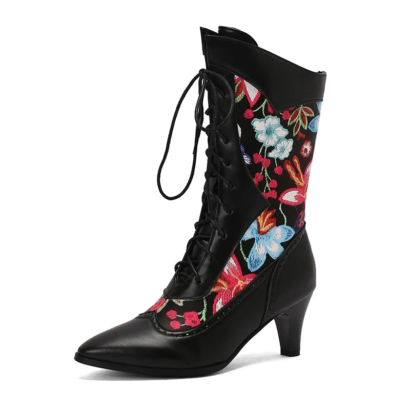 Plus Size Pointed Kitten Heel Printed Women's Mid-Calf Boots Embroidered With Flower Ties Short Plush Lining Ethnic Style Boots