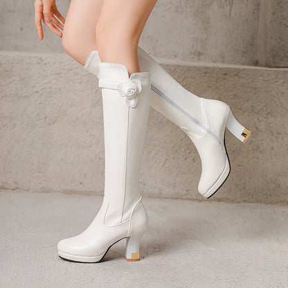 Round Headed Platform Ultra-High Thick Heel Side Zipper Breathable Autumn New Knee High Boots Flower Decal Office Knight Boots