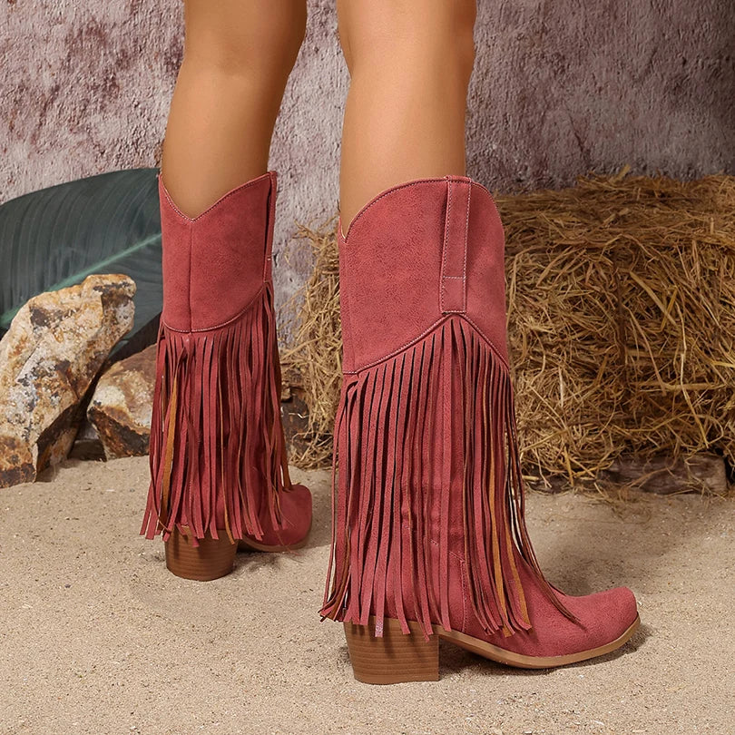 Plus Size Flock Velvet Material Wood Grain Coarse Heel Fringe Fine Strip Slip On Women's Mid-Calf Boots Plush Lining Knight Boot