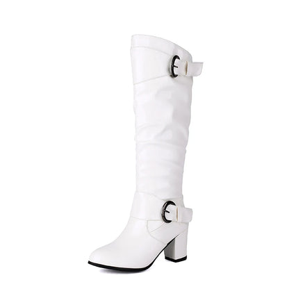 Round Toe Thick Heel Lacquered Leather Upper Side Zipper Knee High Boots Double Row Circular Metal Belt Buckle Breathable Boots