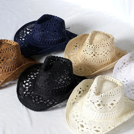 Cowboy hat fashion hollow handmade cowboy straw hat men's summer outdoor travel beach hat unisex solid color western cowboy hat