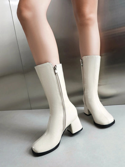 Stone Stripe Square Flat Toe Side Zipper Mid Boot Short Plush Inner Heel Concise Style Street Women's Mid-Calf Boots 2023