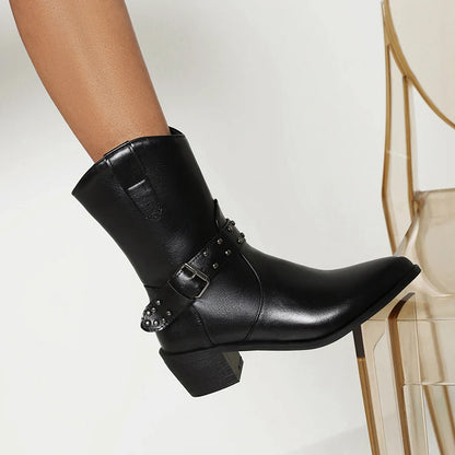 Leather Buckle Metal Stud Punk Mid-Boots