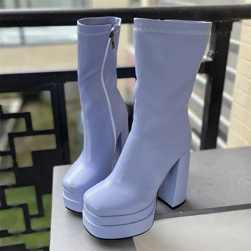 Three-Layer Waterproof Platform Square Toe Soft Pu Material Side Zipper Women's Mid-Boots Sewing Plush Inner Fashion Socks Shoes