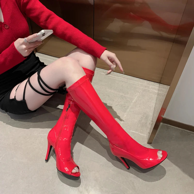 Plus Size Glossy Patent Leather Material Spring Breathable Peep Toe Knee High Boots Zipper Ultra-High Slim Heel Sexy Long Boots