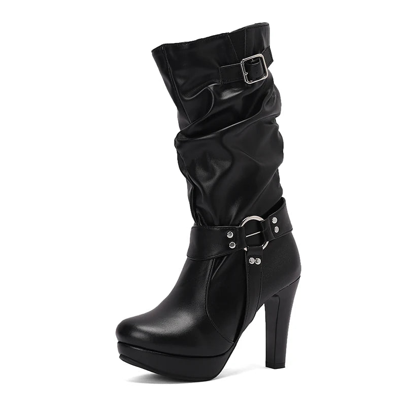 Round Metal Buckle Rivet Belt Buckle Side Zipper Breathable Knee High Boots Platform Ultra-High Thick Heel Women's Boots