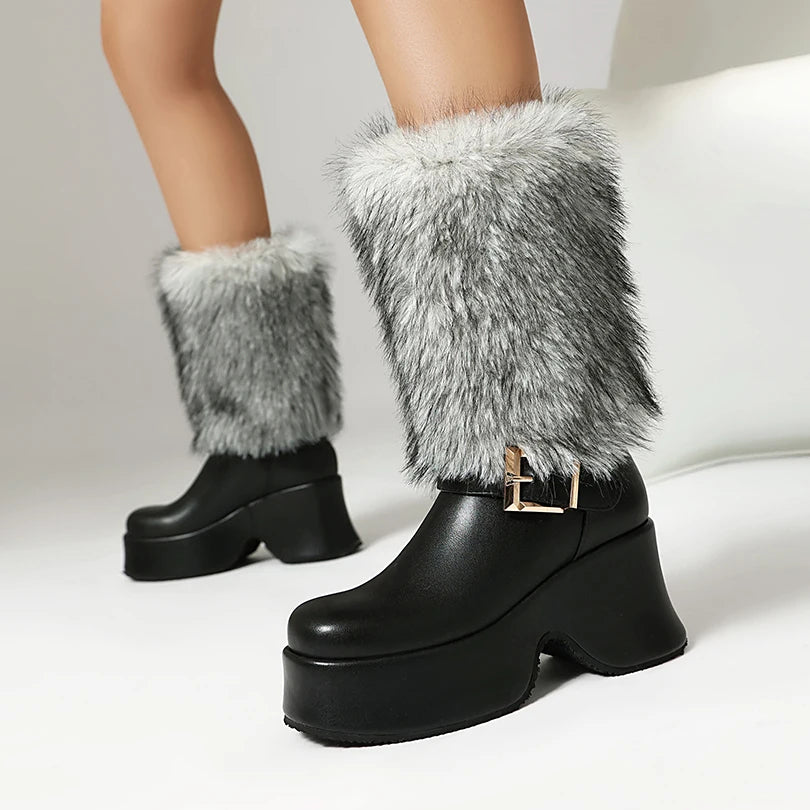 Fur Splicing PU Thick Soled Sponge Cake Heel Ankle Metal Belt Buckle Thick Plush Mid-calf Boots Height Increasing Snow Boots