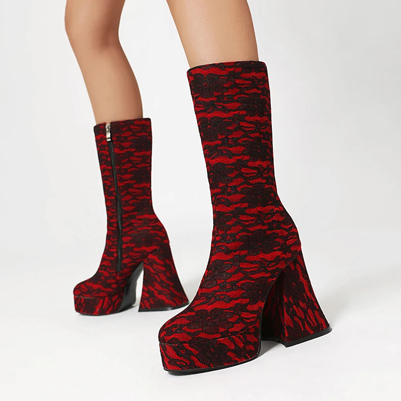 Printed Frosted Velvet Upper High Platform Ultra-High Thick Heel Side Zipper Warm Mid-Calf Boots Irregular Thick Heel Boots