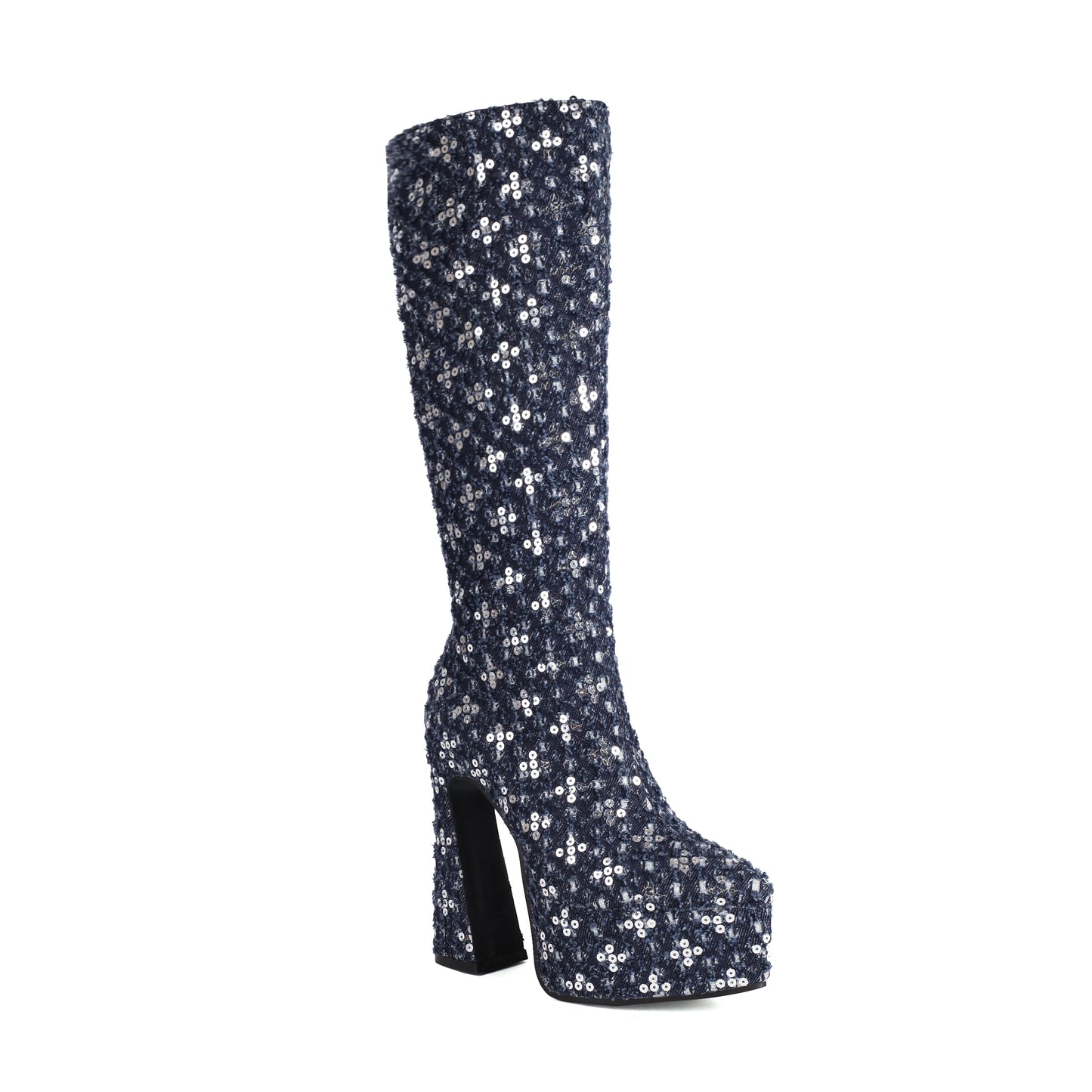 Pointed Ultra-High Contoured Hollowed Out Heel And Gretel Sequin Novel Knee Boots With Breathable Lining Denim Sequin Boots