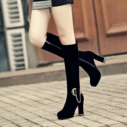 Ankle Metal Belt Buckle Metal Chain Frosted Flock Women's Elastic Boots