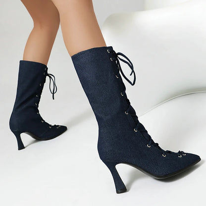 Light Blue Denim Jeans Gothic Shoes for Women Lace-up Cross-tied Pointed Toe Spike High Heels Cowboy Lady Mid-calf Boots Size 48