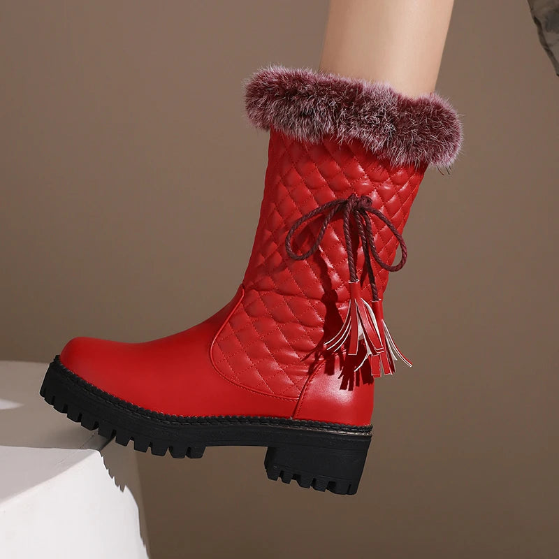 Tassel Lace Up Decal Checkerboard PU Splicing Fur Slip On Women's Mid Calf Boots Thick Sole Thick Heel Height Snow Boots