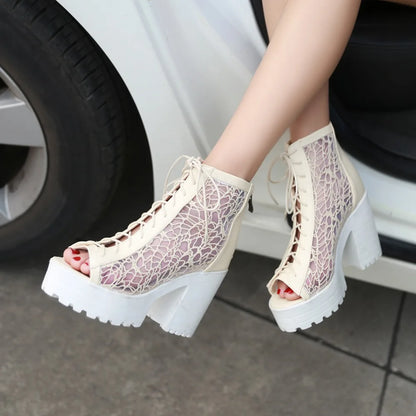 Hollow Mesh Patchwork PU Ultra-High Thick Heel Peep Toe Ankle Back Zipper Cross Tie Sexy Summer Women's Short Boots